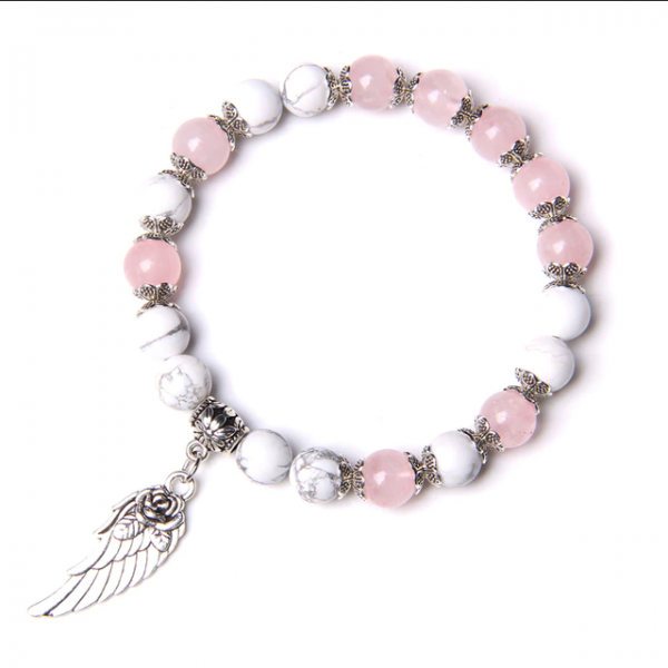 Rozekwarts, howliet armband, edelsteen armband, bedel, vleugel bedel, charms, edelsteen armband, roze, wit.